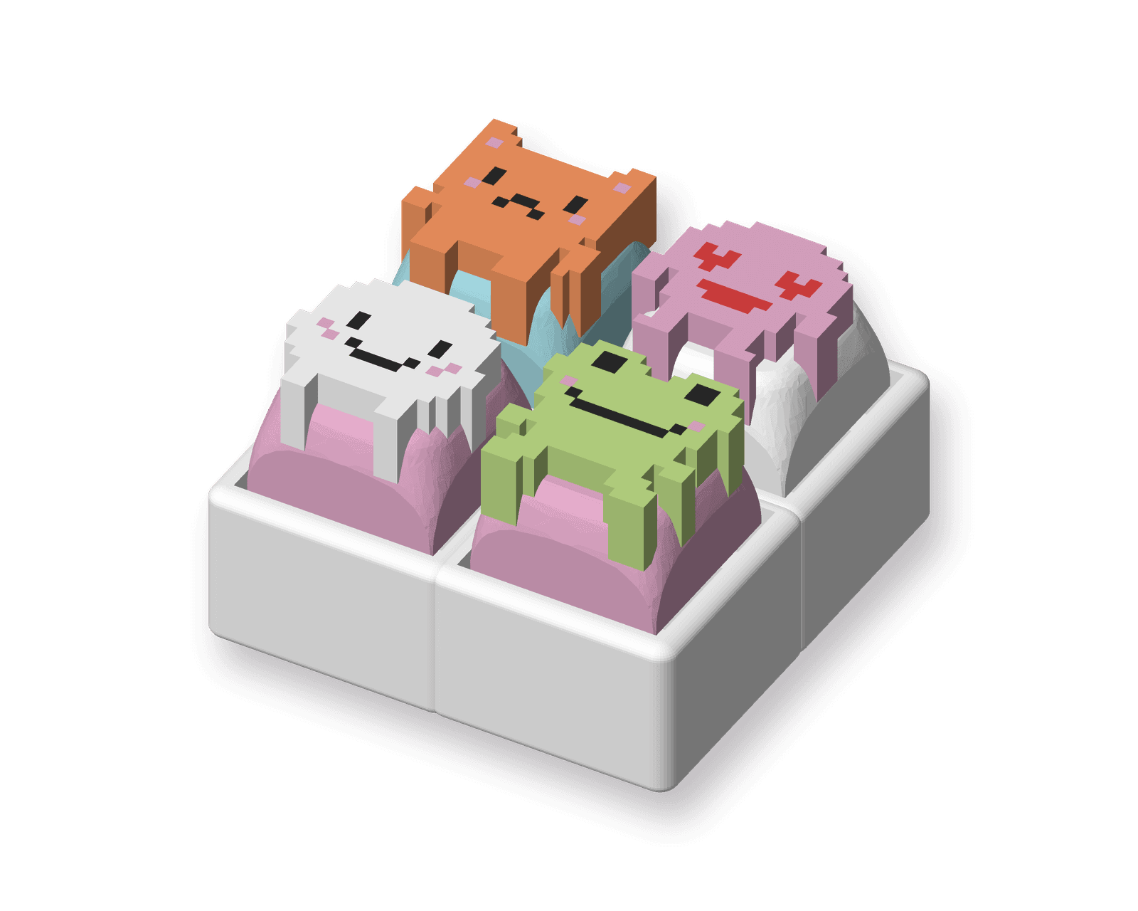 A white 2×2 clicker with Kit, Lovey, Mochi and Hop critters on its four keys