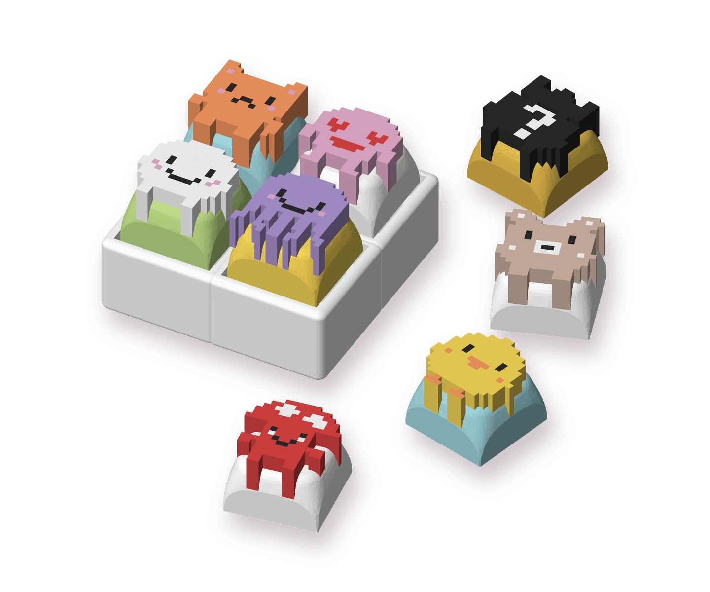 A white 2×2 clicker with Kit, Lovey, Mochi and Inky on its keys, and Bun, Peep and Shroom critter keycaps beside it, next to a mystery keycap: a dark crowned critter with a question mark on a gold keycap