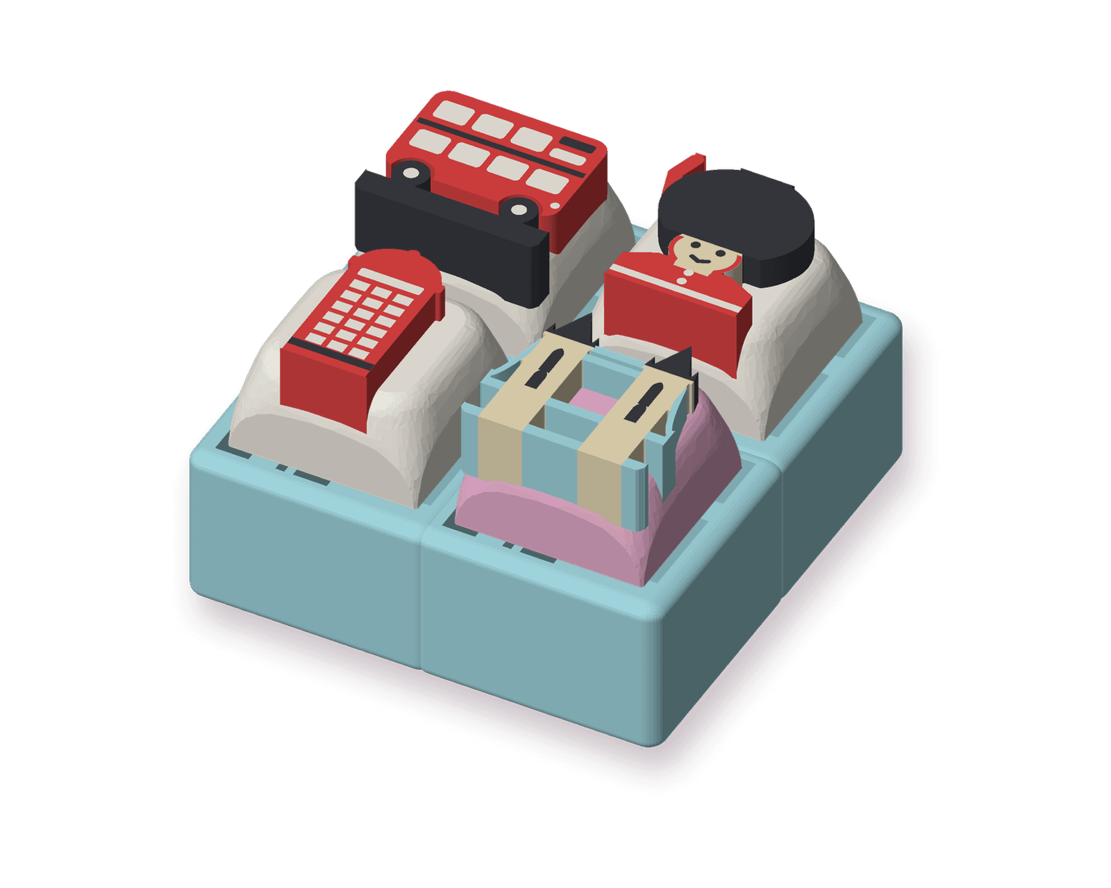 An Ice Blue 2×2 clicker with a London bus, a phone box, a King's Guard and Tower Bridge on its keys