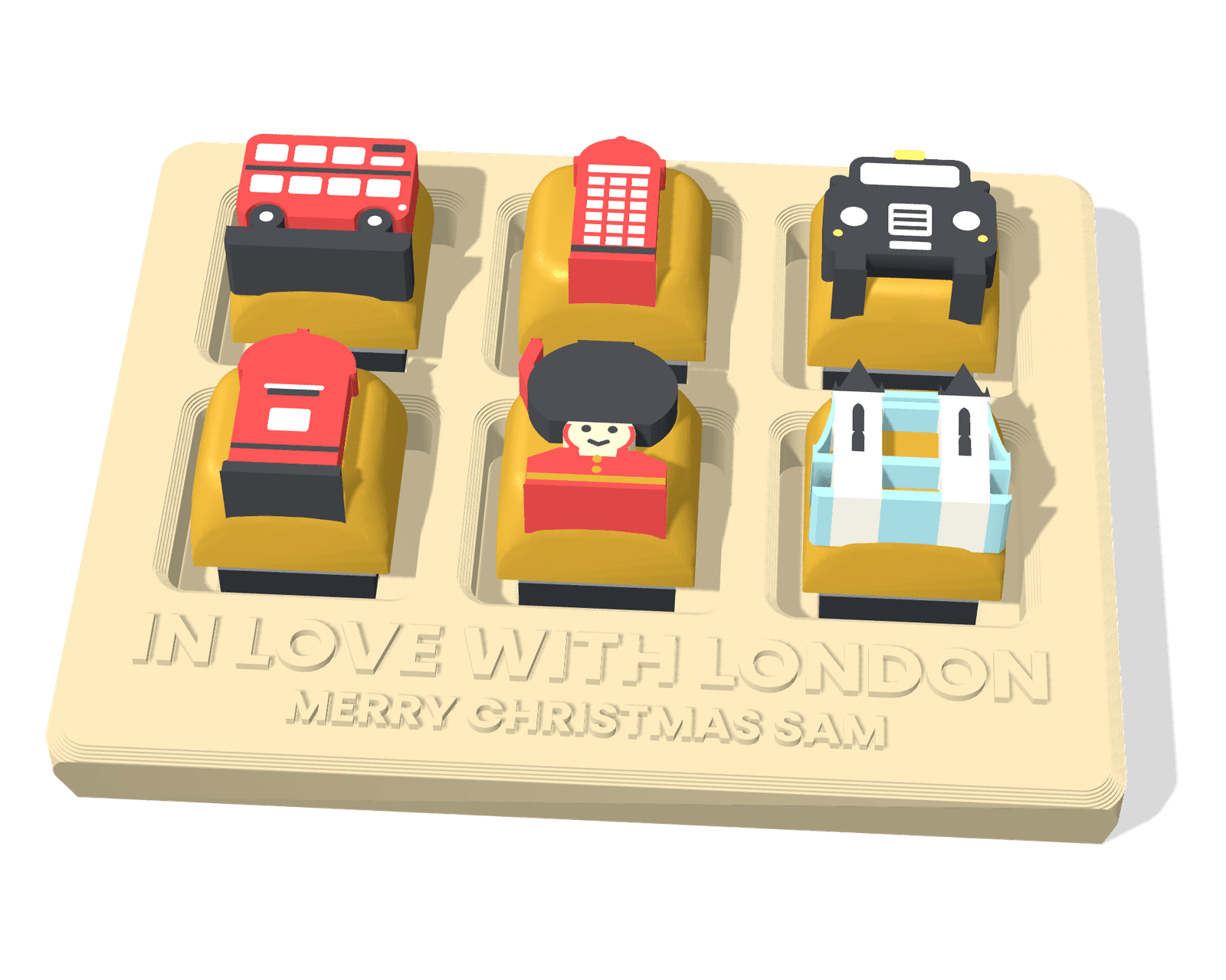 The London display board with all six keys and MERRY CHRISTMAS SAM raised along the bottom, under IN LOVE WITH LONDON