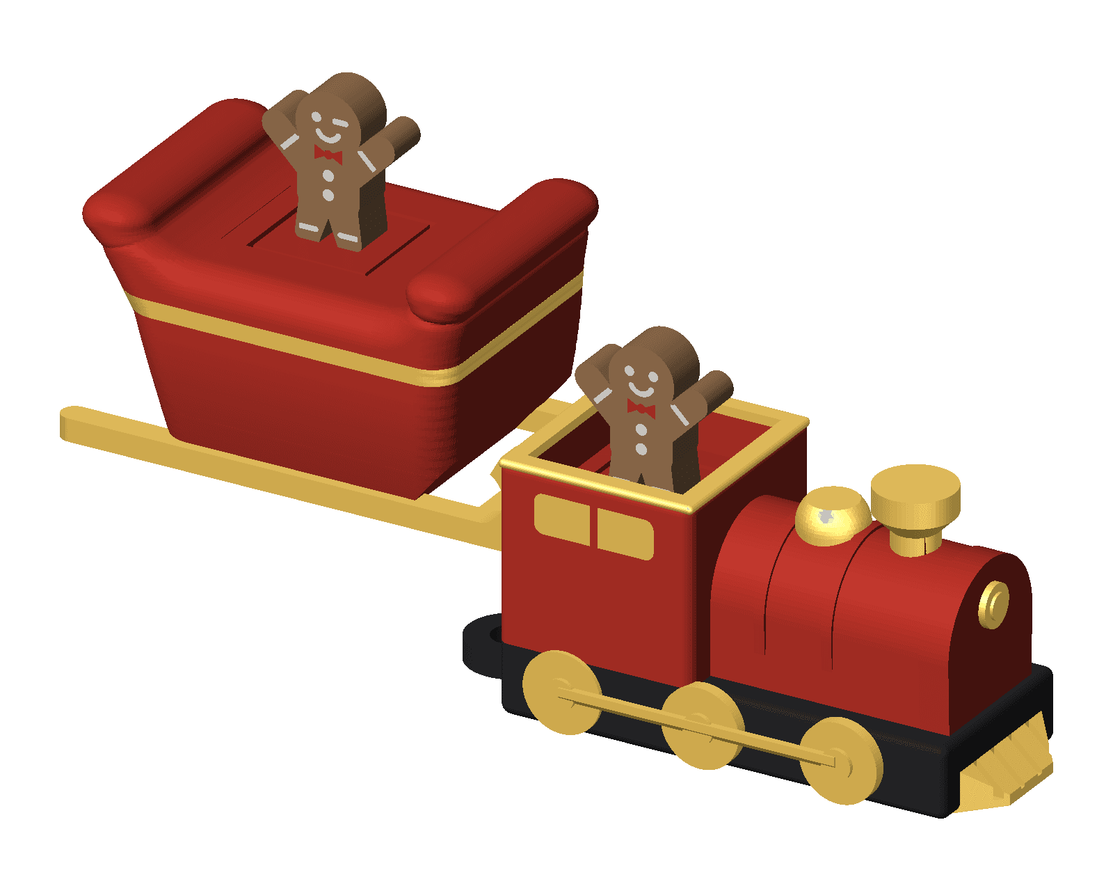 The red steam train clicker in front of the red sleigh clicker, each with a gingerbread man on top