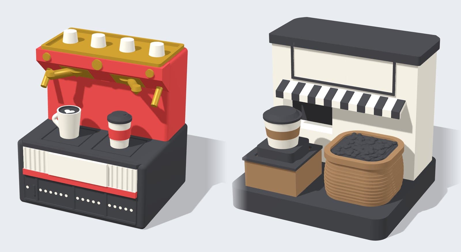 Two café pieces in 3D: an espresso machine on a little shopfront and a coffee hatch with a striped awning, with blank signs