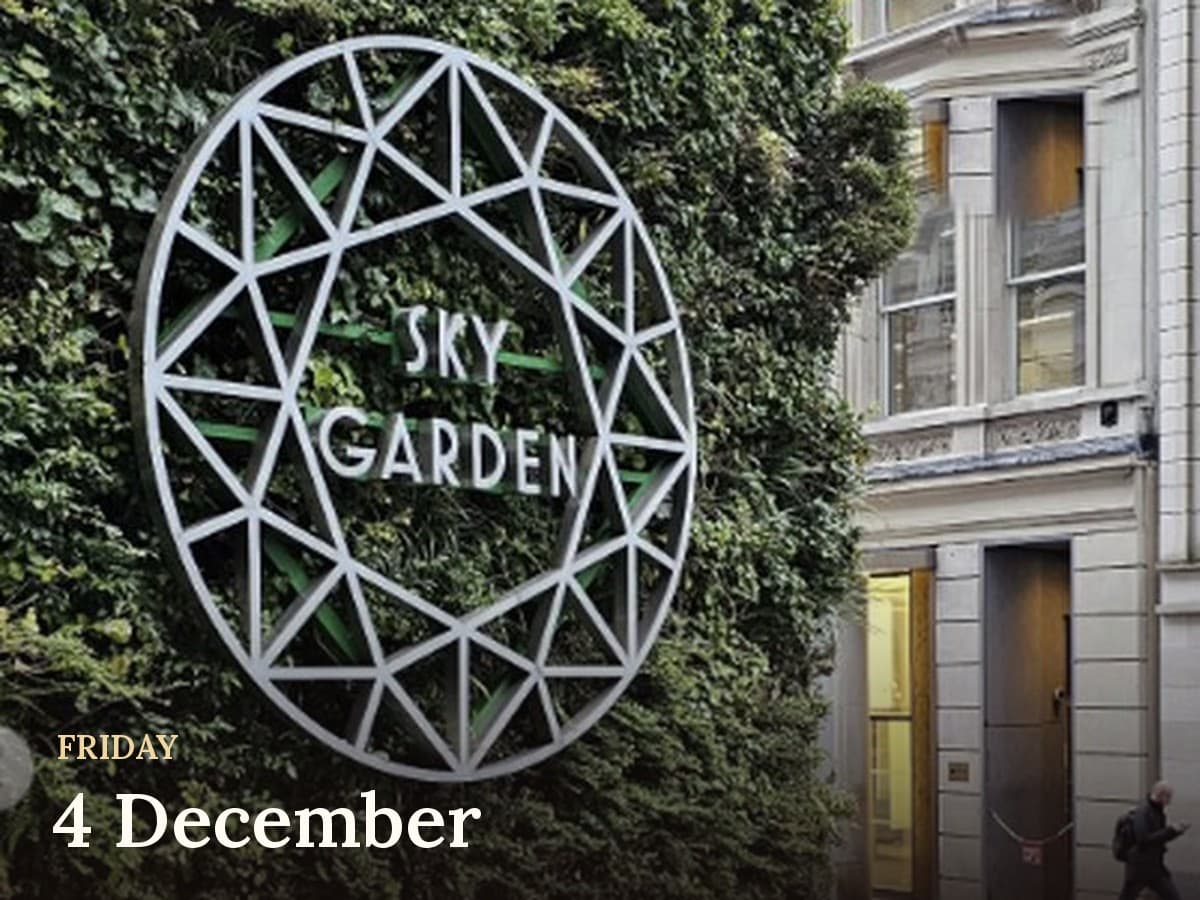 The Sky Garden sign on a green wall in the City of London, Friday 4 December
