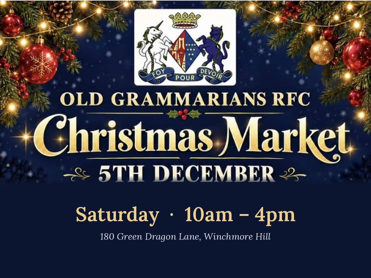 Poster for the Old Grammarians RFC Christmas Market, Saturday 5 December, 10am to 4pm