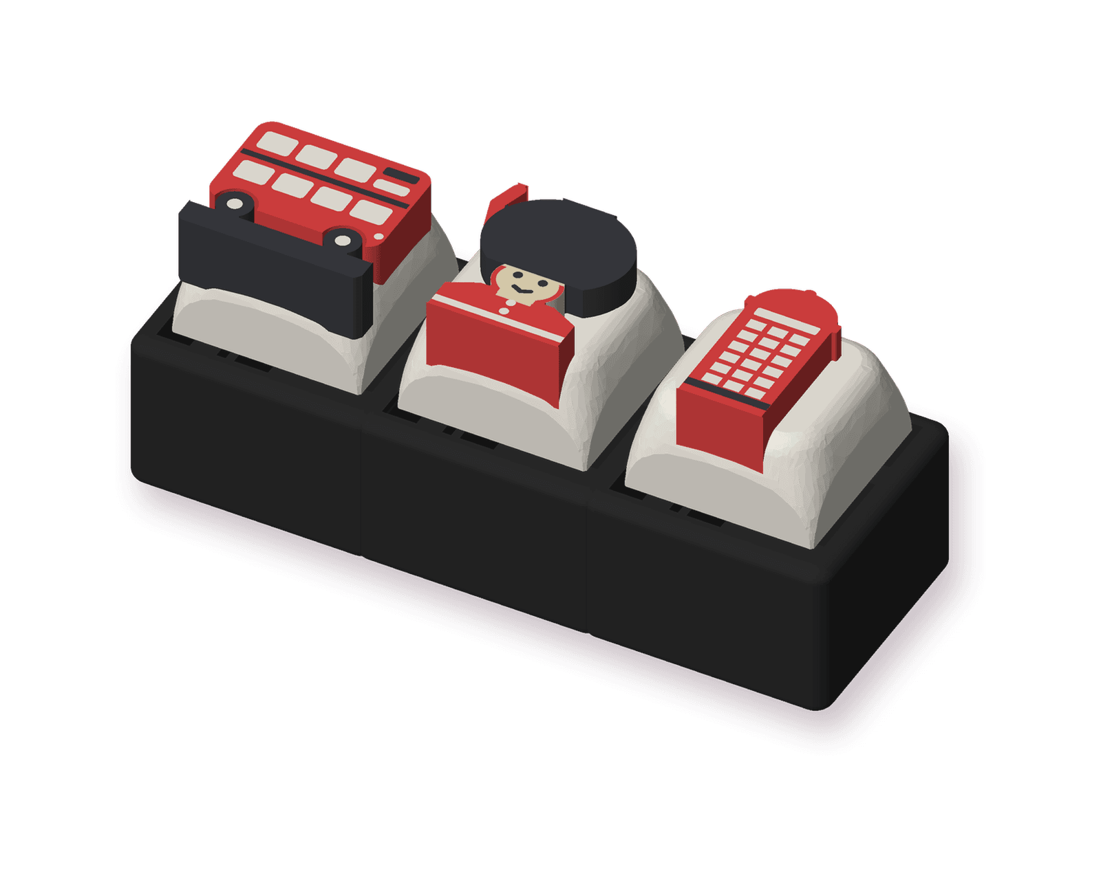 A charcoal 1×3 clicker with a London bus, a King's Guard and a phone box on its keys