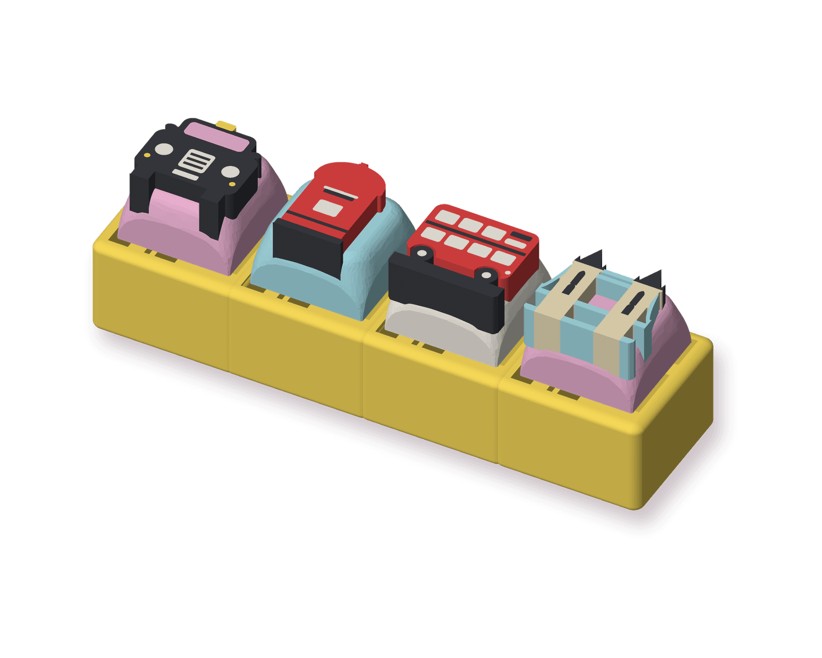 A yellow 1×4 clicker with a black cab, a post box, a London bus and Tower Bridge on its keys