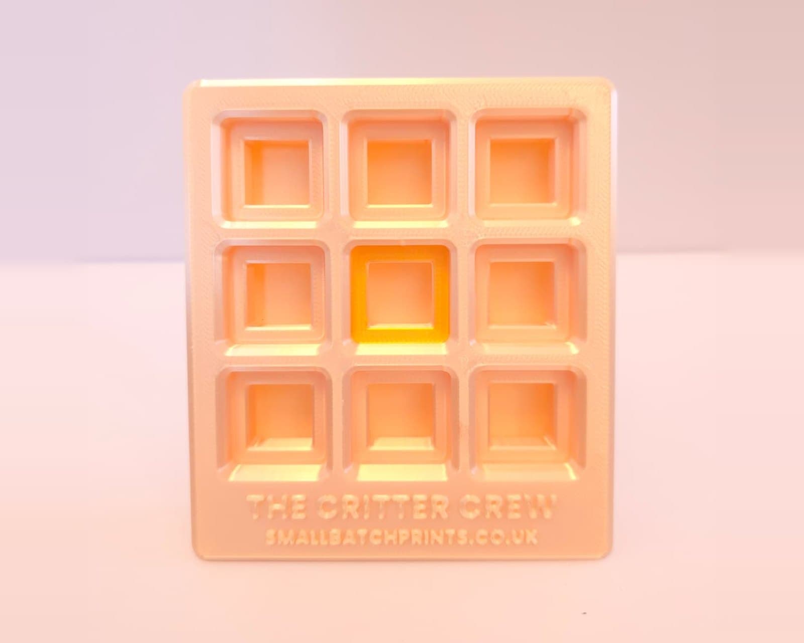 The Critter Crew display board, empty: a champagne silk frame with nine square spots, a gold one in the middle, and THE CRITTER CREW along the bottom