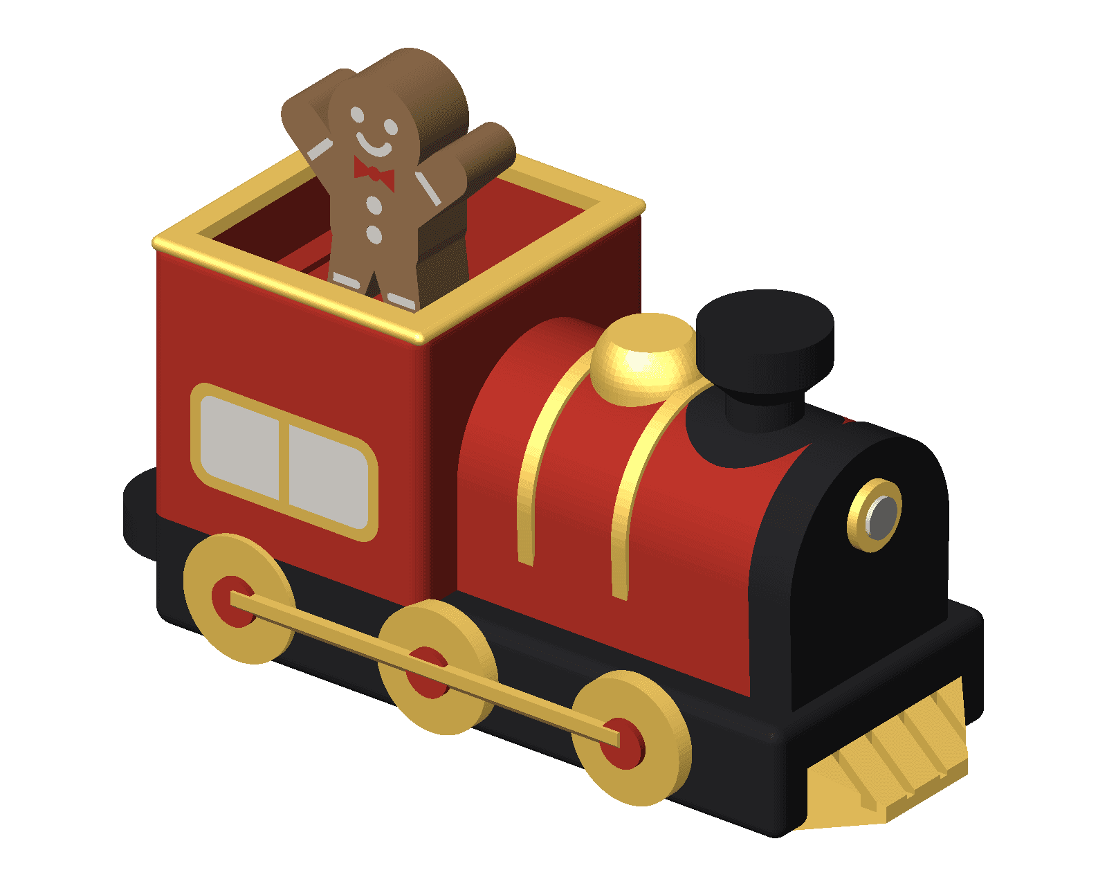 The deluxe red steam train clicker: cream windows framed in gold, gold boiler bands, a black smokebox and chimney, gold wheels with red hubs, and a gingerbread man in the cab